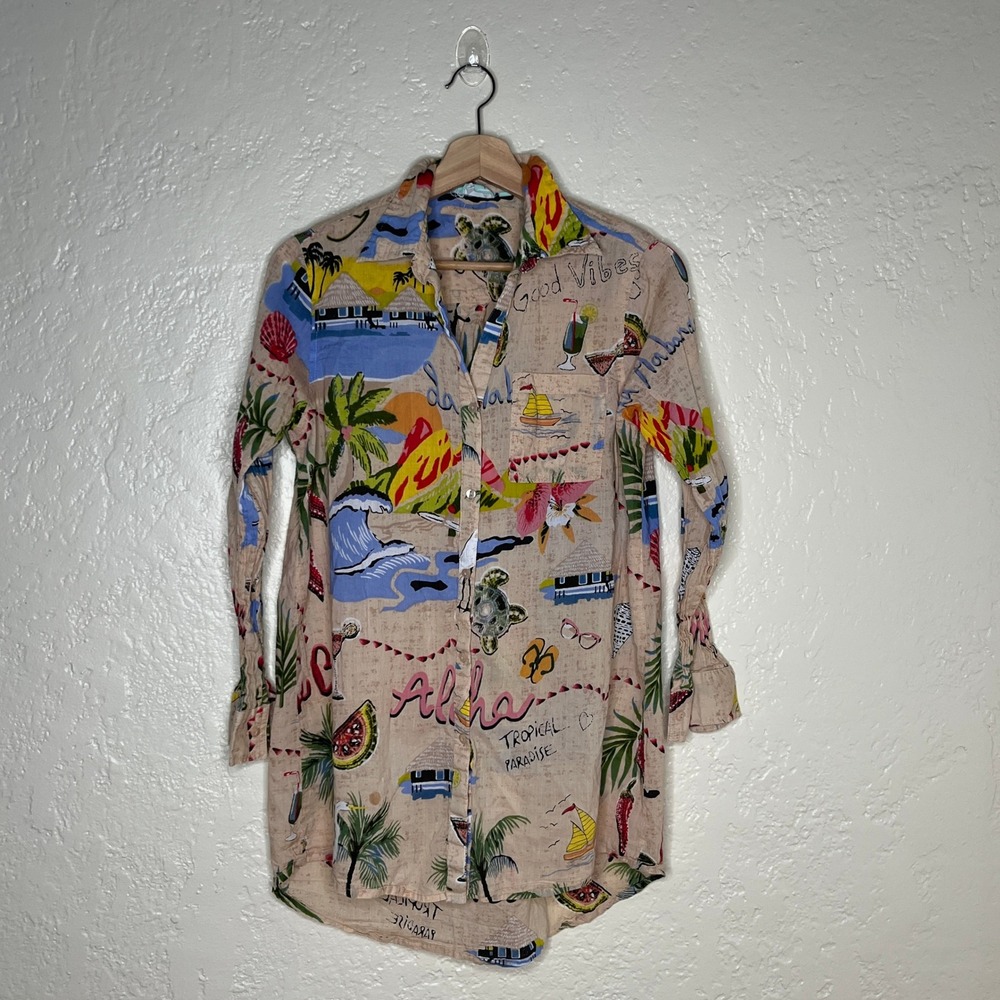 True Destinations Womens XS Tropical Aloha Postcard Print Cotton Button Up Shirt